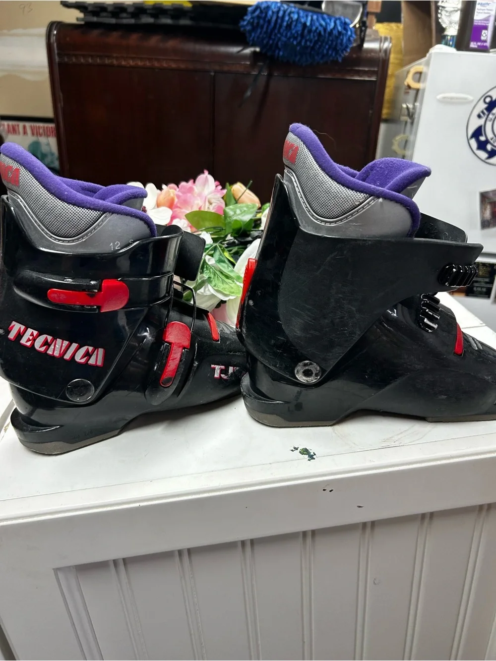 Kids Black Tecnica Ski Boots with Purple Liner and Red Accents